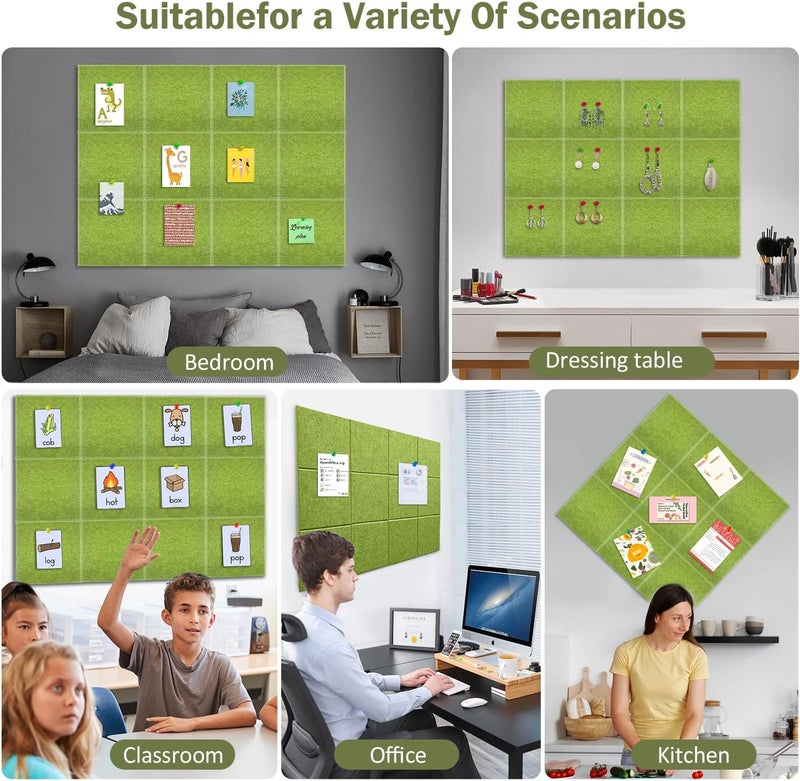 ZHIDIAN Felt Wall Tiles Bulletin Board with Removable Adhesive, 47"x35" Green Cork Board Alternative with 40 Push Pins, 12 Pack Large Office Cork Tile Push Board Felt Squares for Walls - Image 4